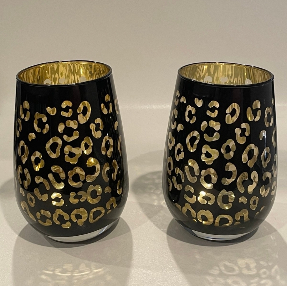 Black and Gold Cheetah Stemless Wine Glass Set